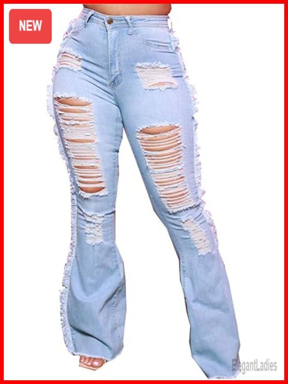 Bell Bottom Flare Jeans Elastic Waist Raw Hem Destroyed Distressed Denim